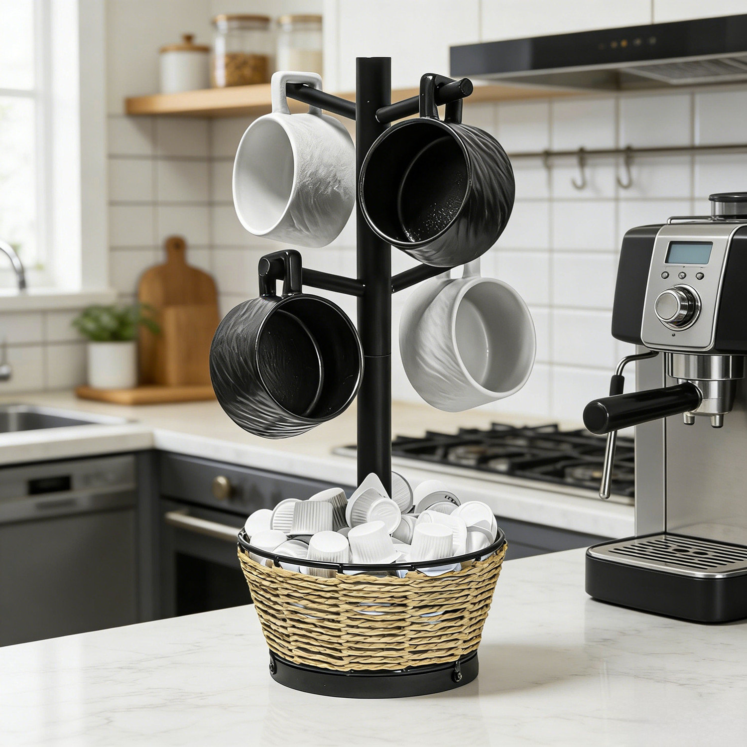 Rebrilliant Woven Basket Mug Tree With 4 Hooks, Rustic Coffee Cup